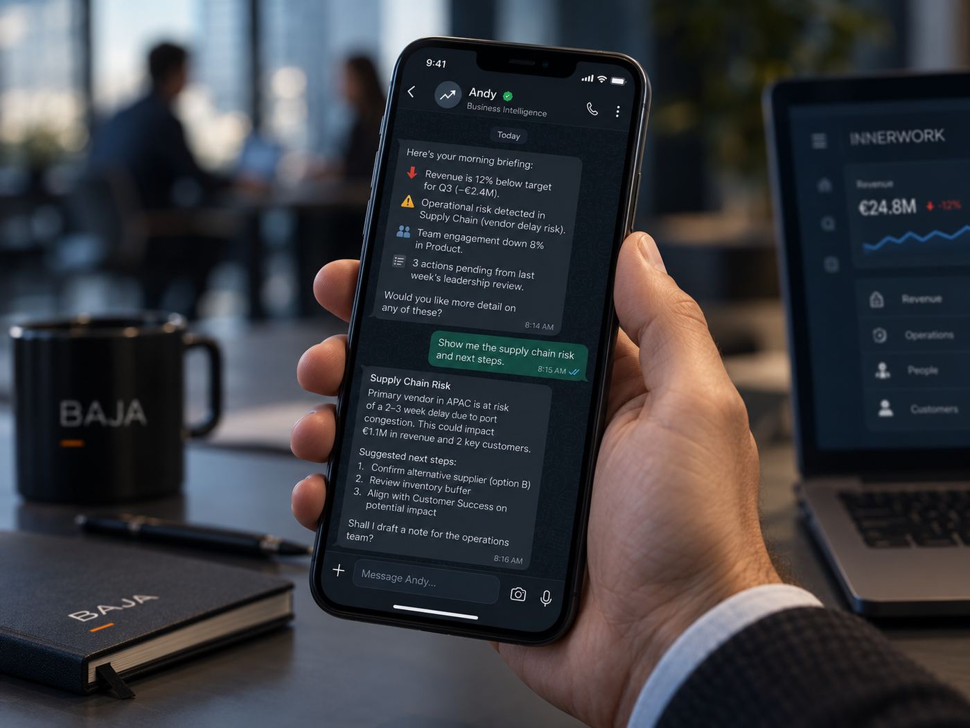 Andy, the INNERWORK AI agent, sending a morning briefing with revenue, operational risk, engagement and pending actions, and proposing next steps
