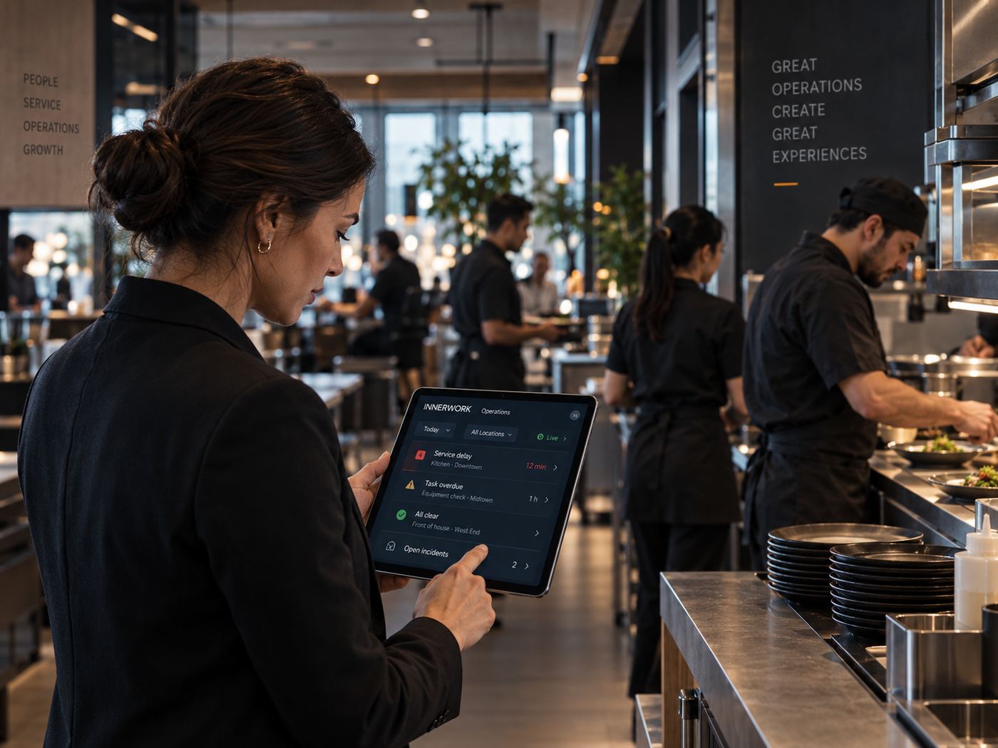 Restaurant manager reviewing INNERWORK operations alerts on a tablet: service delay, overdue task and open incidents