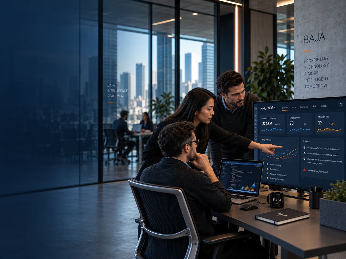 Team reviewing INNERWORK key drivers and insights on a monitor